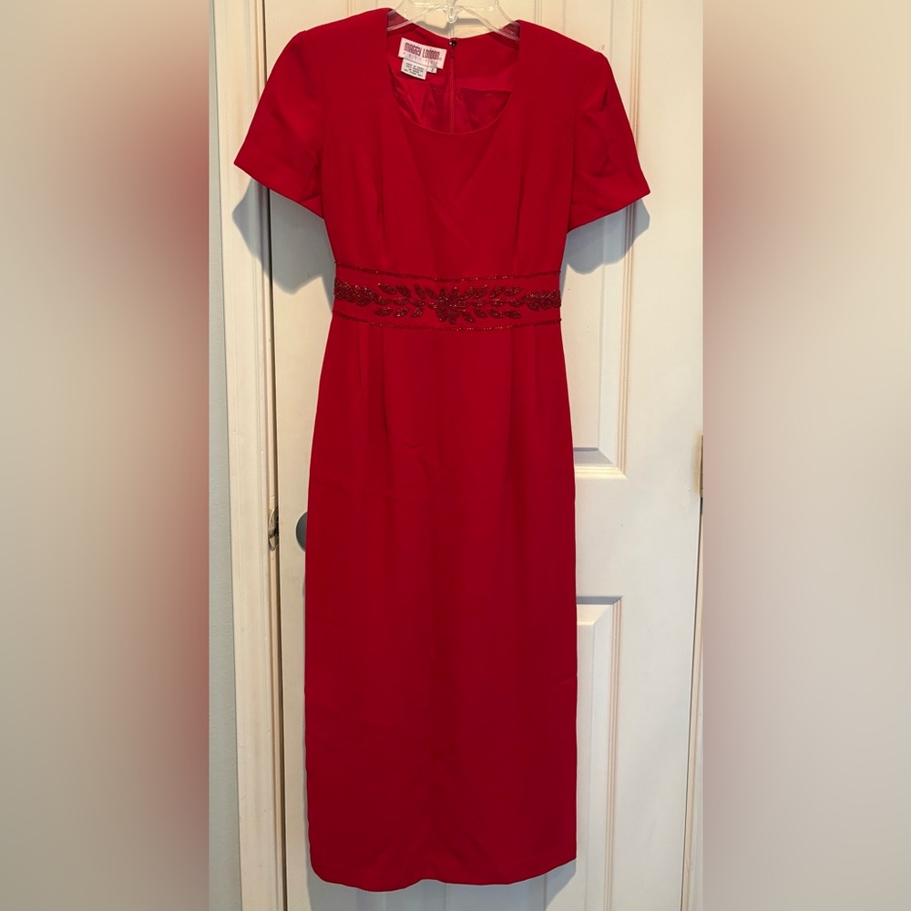Maggy London Red Midi Dress with Beaded Waist, vintage 90’s